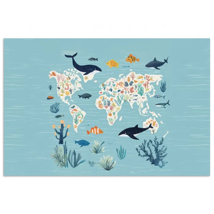 Wereldkaart - Zeeleven - Blauw poster papier klein -3d