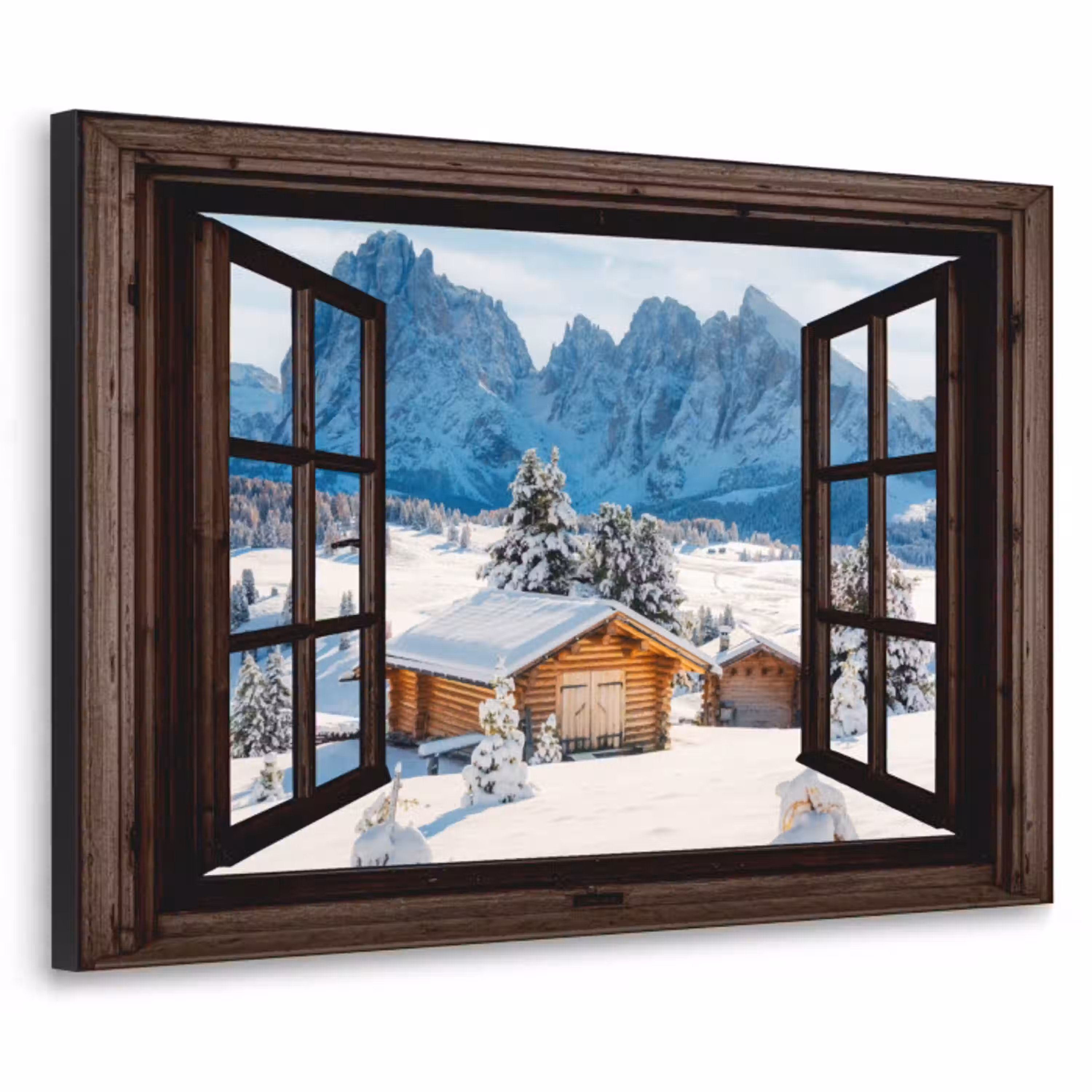 Doorkijk - Winter - Landschap - Huisje - Bergen Textielframe zwart klein -3d