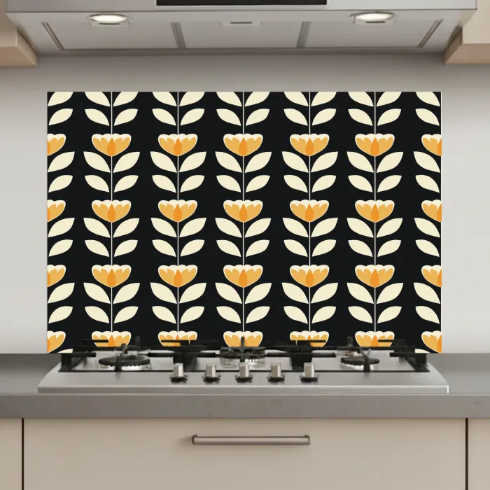 Retro - Bloem - Zwart - Okergeel keuken achterwand spatscherm klein 900 -3d_website