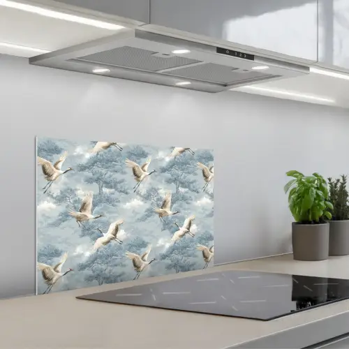 Wolken - Kraanvogels - Blauw keuken achterwand spatscherm klein 900 -3d_schuin