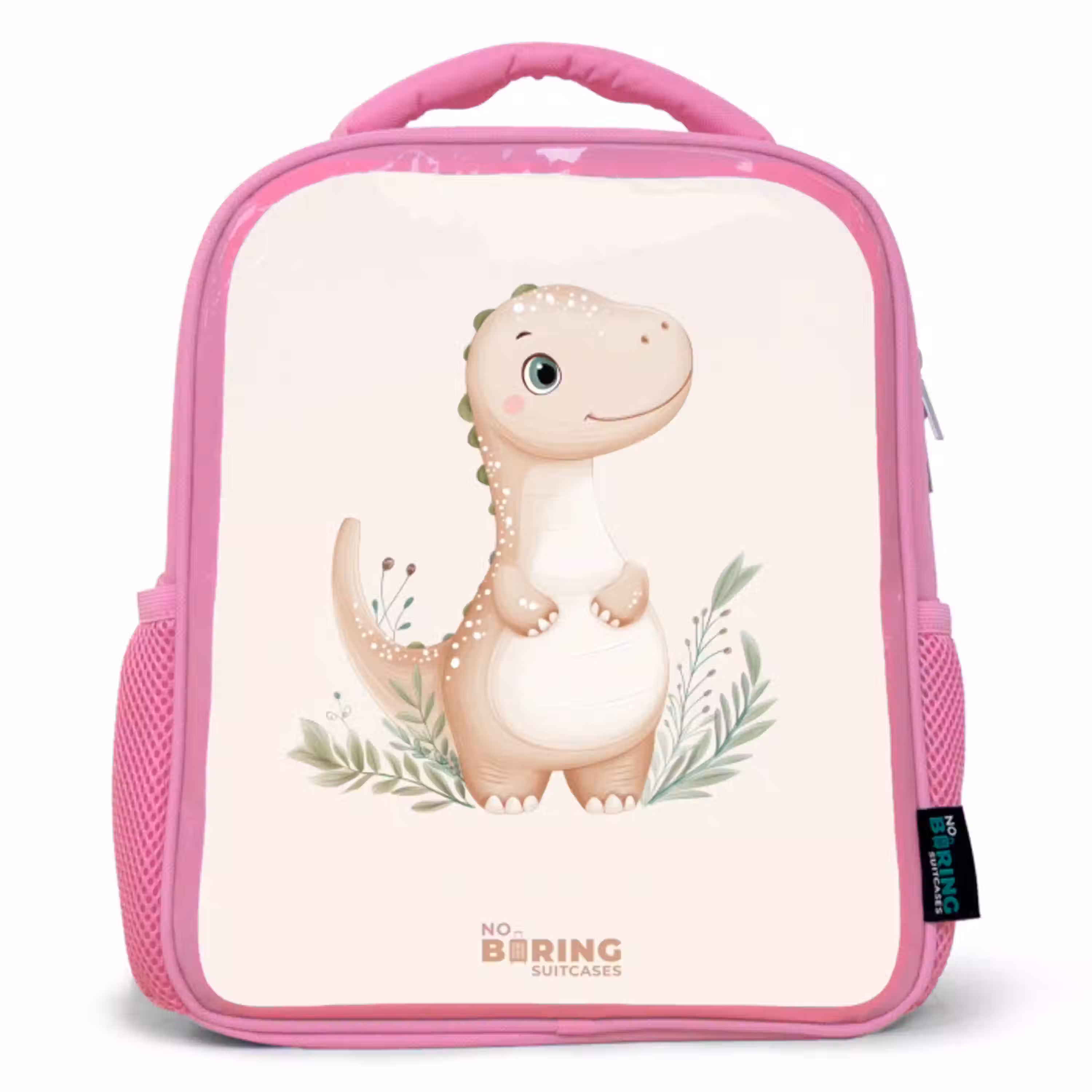 Beige dinosaurus met groene blaadjes Kinderrugzak - Roze middel -3d
