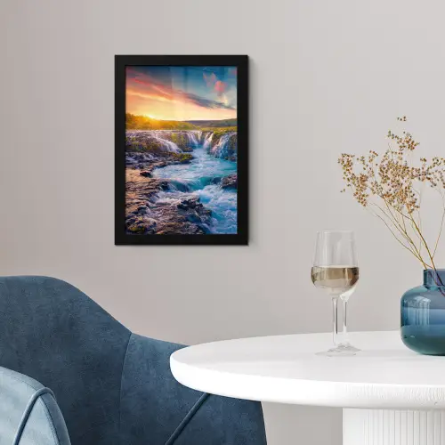 Waterval - Planten - Mos - Landschap - Zonsondergang - Rots fotolijst zwart zonder passe partout klein -sfeer4