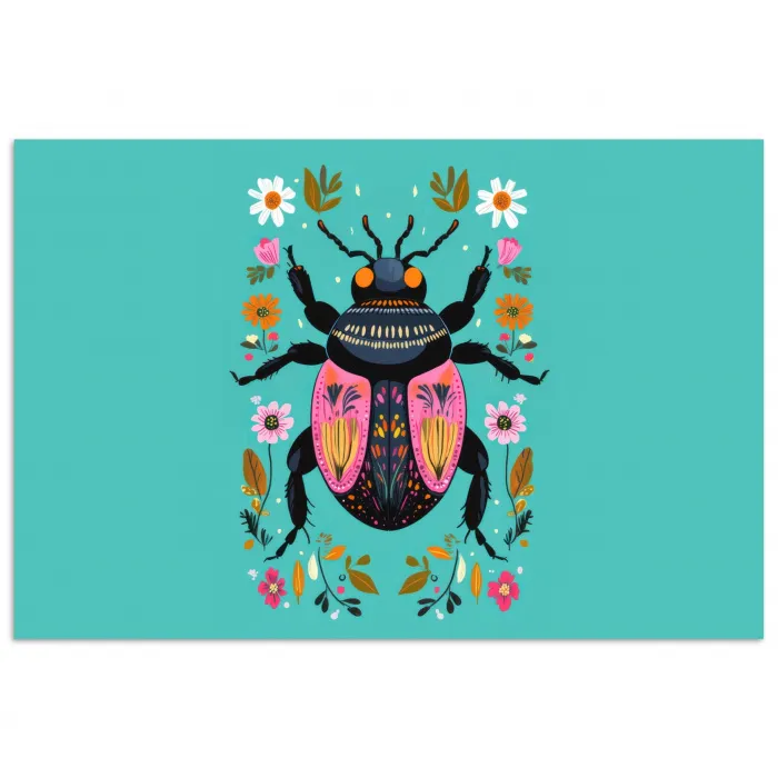 Kever - Bloemmotieven - Turquoise - Bladeren poster papier klein -3d