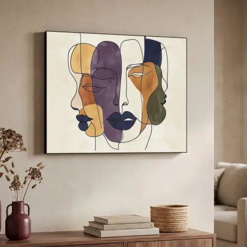 Abstract - Overlappende gezichten - Paars - Donkergroen Textielframe zwart klein -sfeer3
