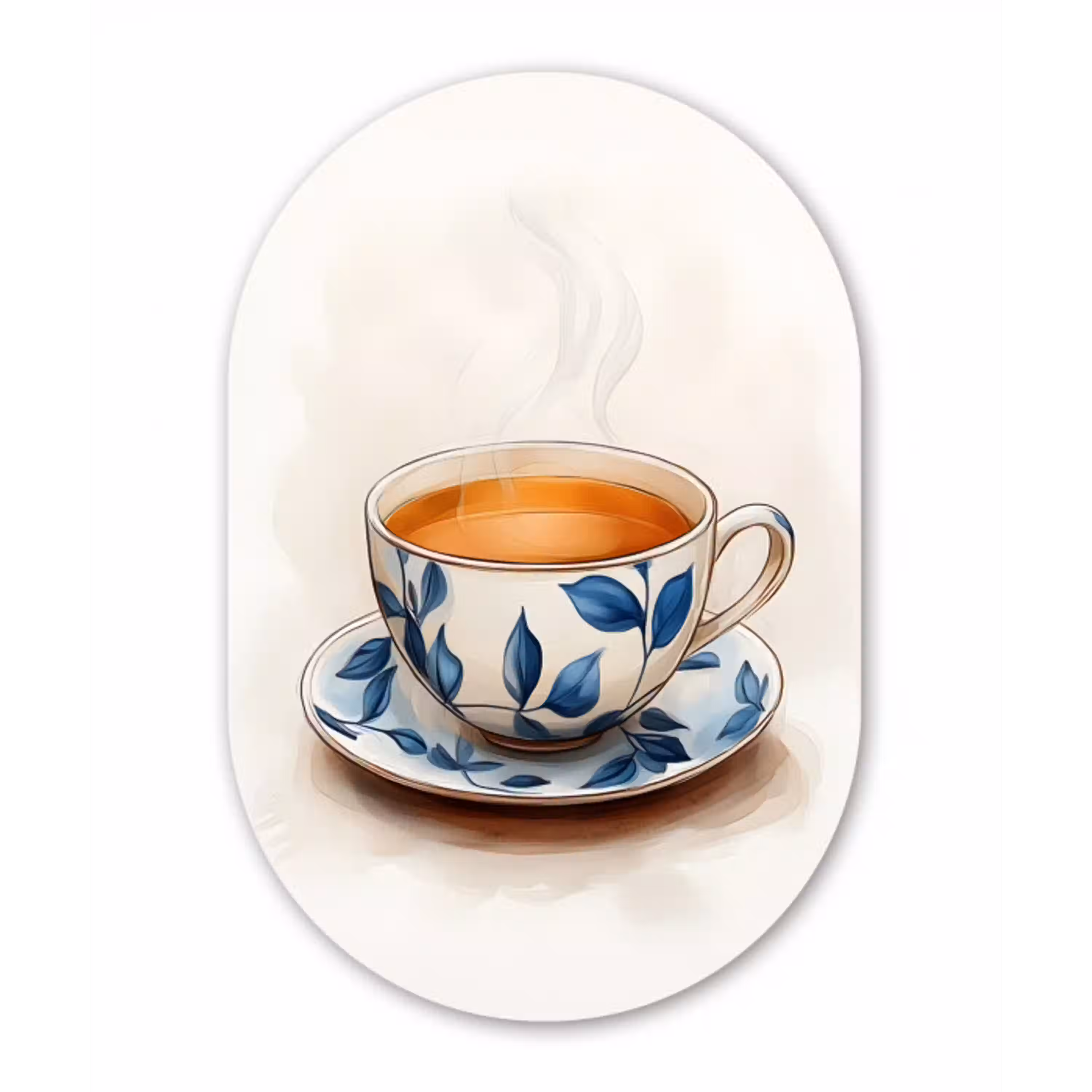 Theekop - Bladeren - Blauw Wandcirkel Ovaal Glas middel -3d