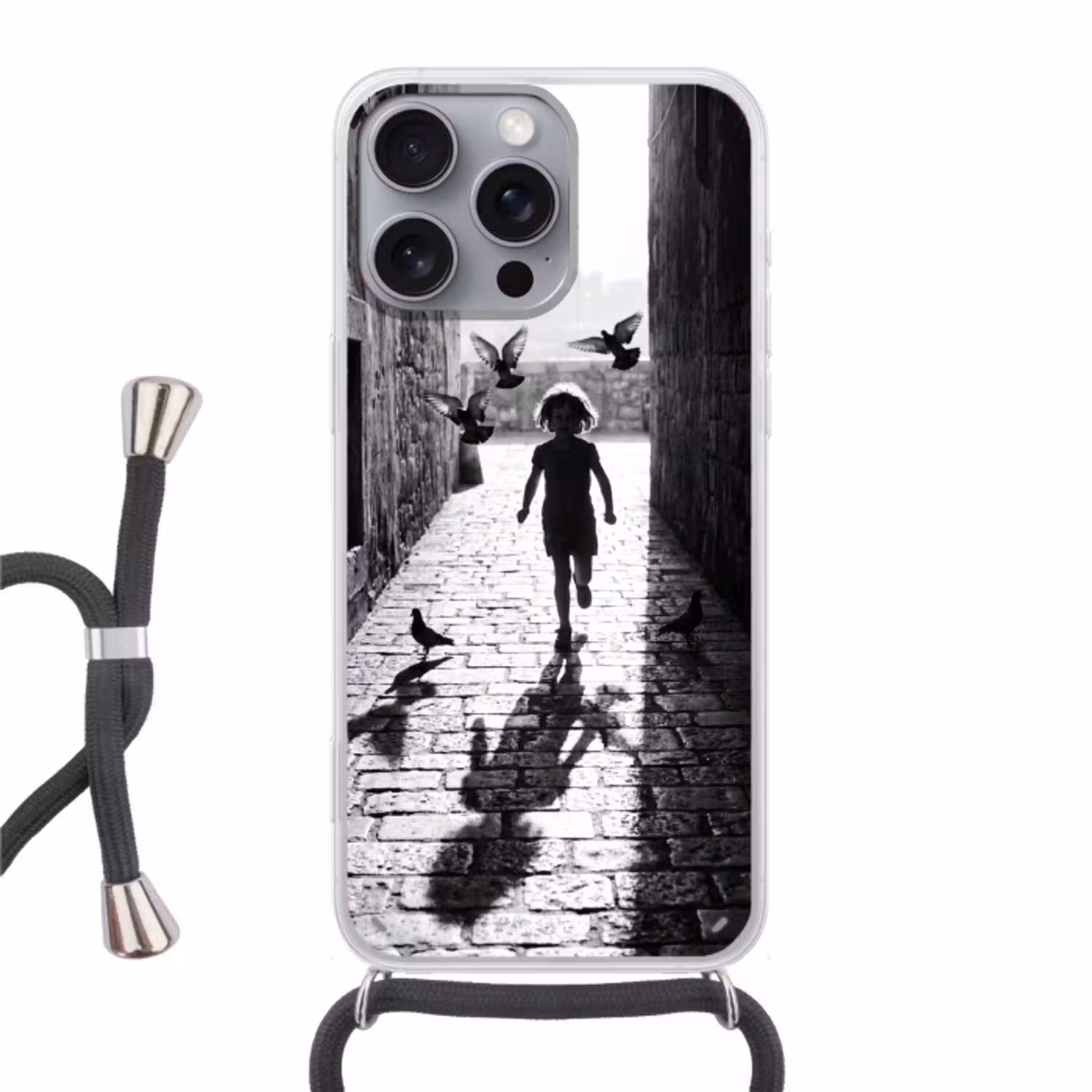 Kind - Vogel - Straat - Zwart-wit - Spelen Hoesje iPhone 16 Pro Max met koord klein -3d