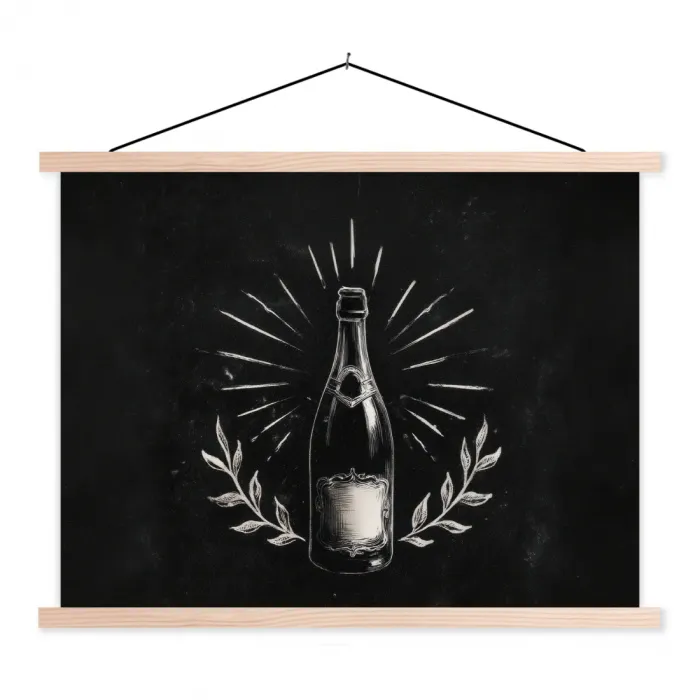 Champagnefles - Lauriertakken - Zwarte achtergrond textielposter latten blank klein -3d