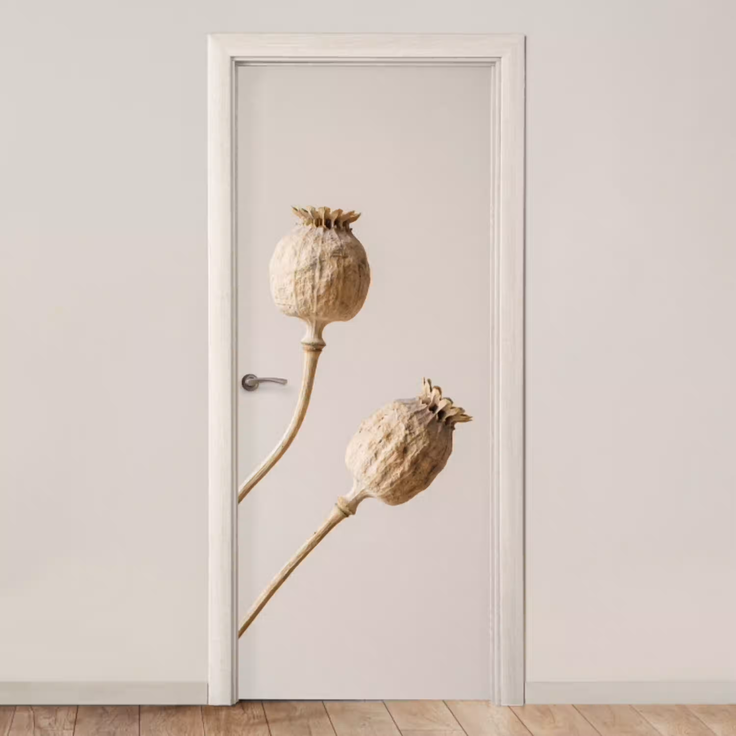 Papaverbollen - Droogbloemen - Minimalistisch - Beige - Rustig deurposter klein -3d_beige