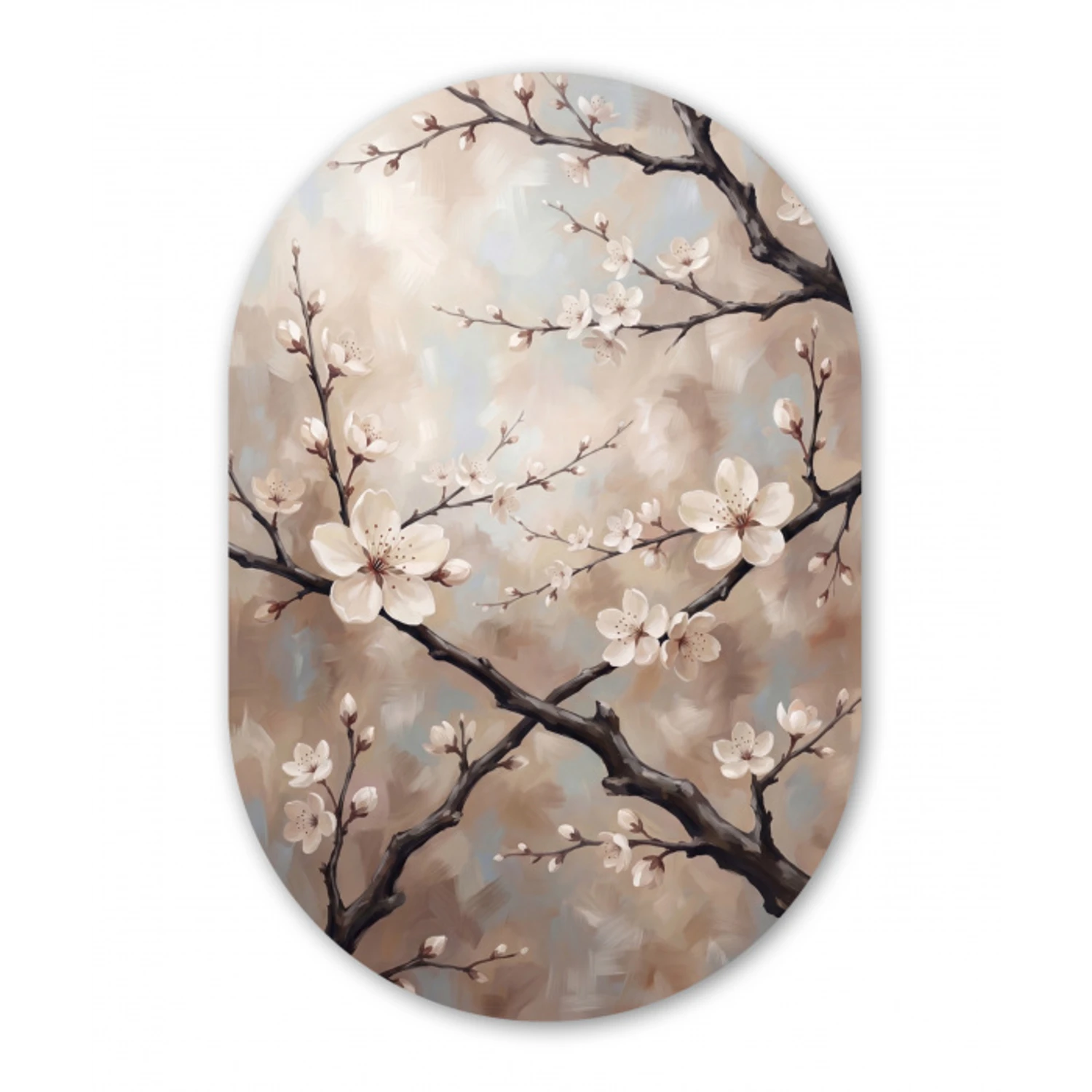 Bloesem - Takken - Schilderij - Beige - Serene Wandcirkel Ovaal Aluminium middel -3d