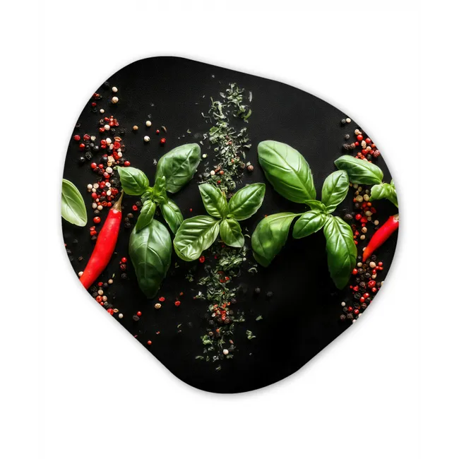 Chilipepers - Basilicum - Blaadjes - Rood Wandcirkel Organisch Forex 3mm klein -3d