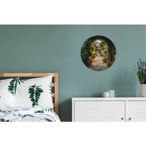 Doorkijk - Bloemen - Poort - Stenen Wandcirkel aluminium klein -slaapkamer