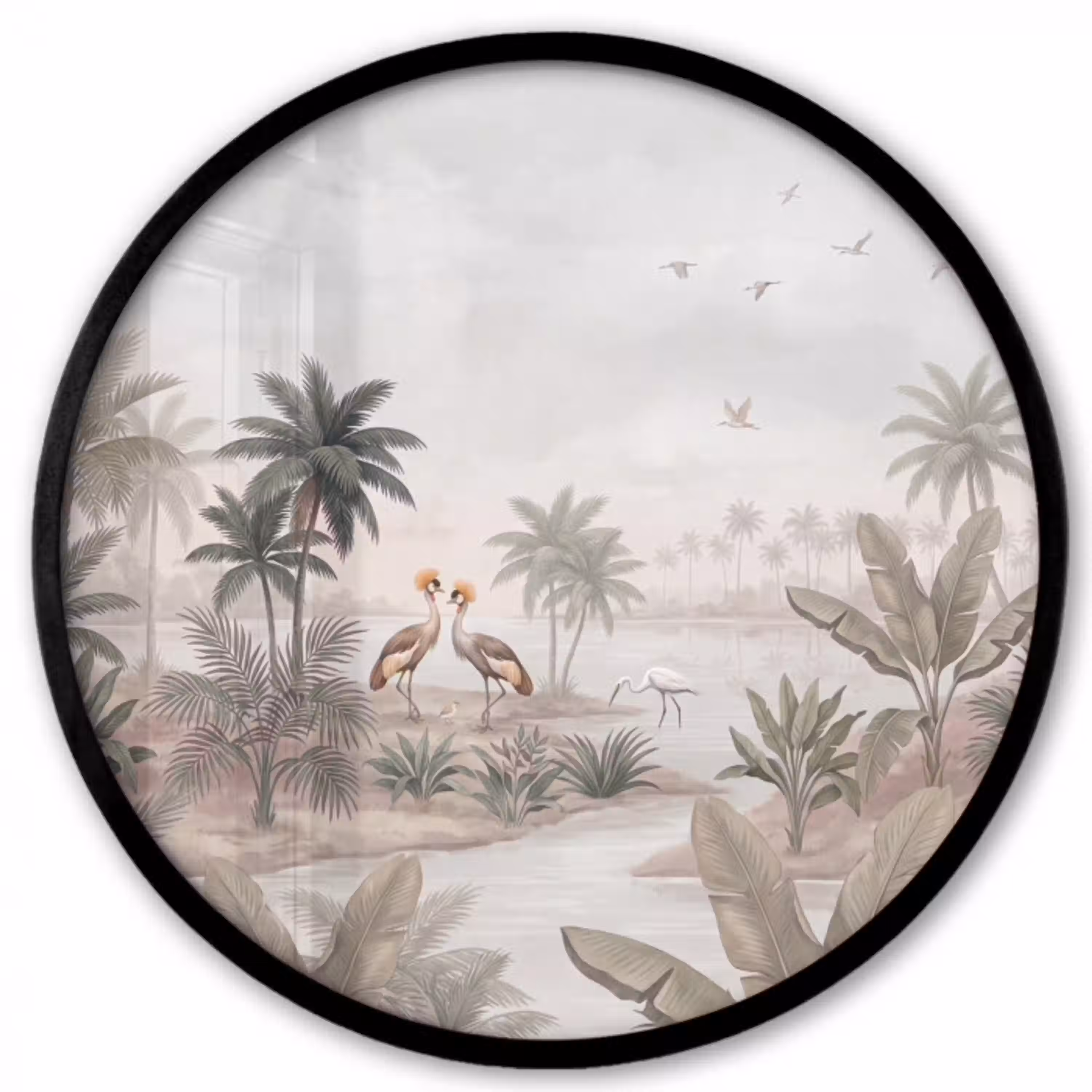 Kraanvogels - Palmbomen - Tropisch Fotolijst rond zonder passe partout klein -3d