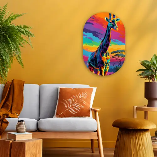 Giraffe - Savanna - Lucht - Gekleurd Wandcirkel Ovaal Forex klein -sfeer4