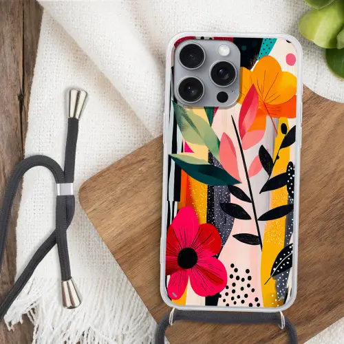 Bloemen - Bladeren - Abstract - Kleurrijk Hoesje iPhone 16 Pro Max met koord klein -sfeer4
