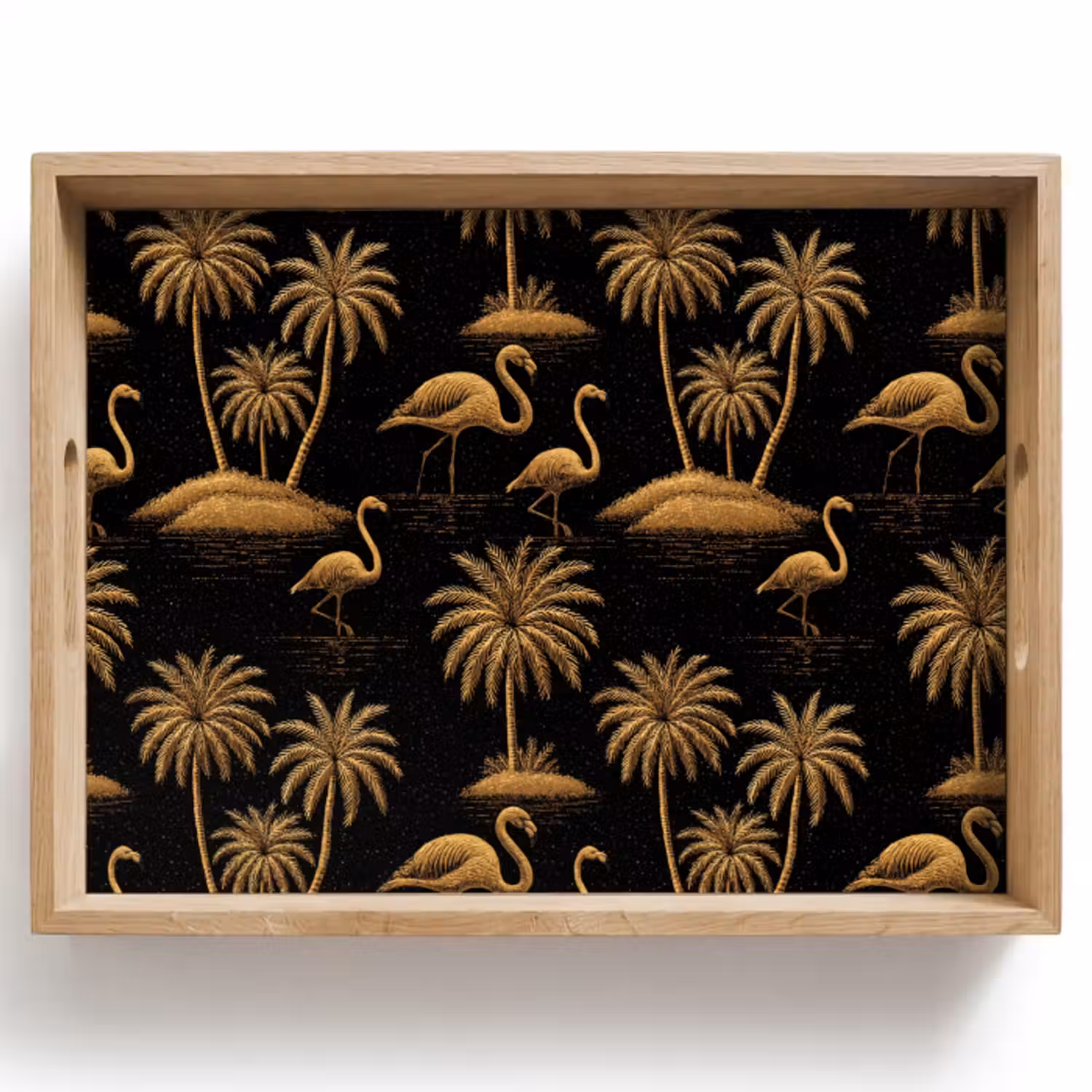 Tablett - Flamingo – Palmen – Tropisch – Gold – Schwarz