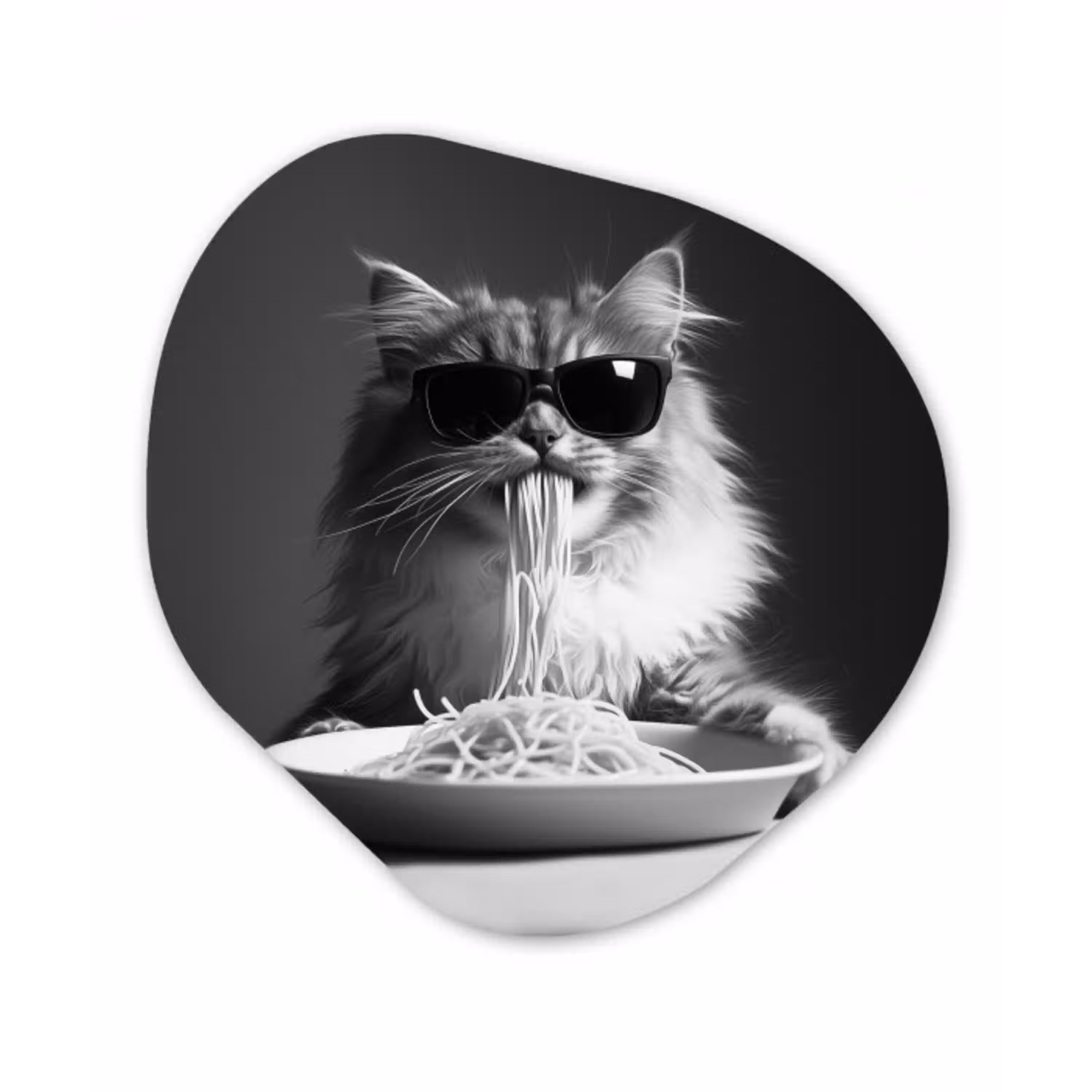 Langharige kat - Zonnebril - Spaghetti - Humor - Zwart - wit Wandcirkel Organisch Plexiglas middel -3d