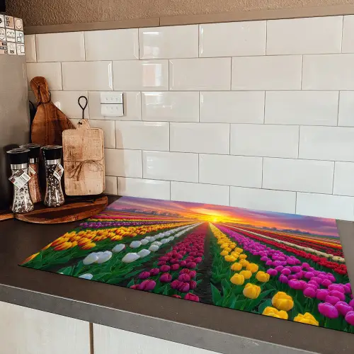 Tulpenveld - Zonsondergang - Kleurrijk Inductie beschermer vinyl 3mm klein -sfeer3