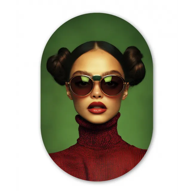 Vrouw - Groen - Bril - Aesthetic - Modern Wandcirkel Ovaal Glas middel -3d