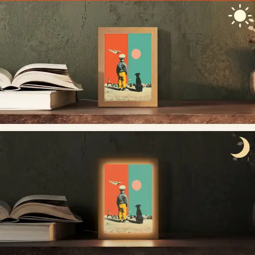 Retro - Jongen - Hond - Rood - Groen Light Box met kabel (Tafellamp) klein -sfeer3