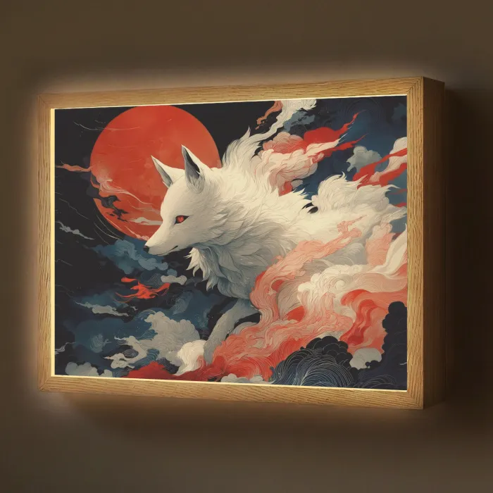 Witte vos - wolken - maan Light Box met batterij (Wandlamp) middel -z3d_website