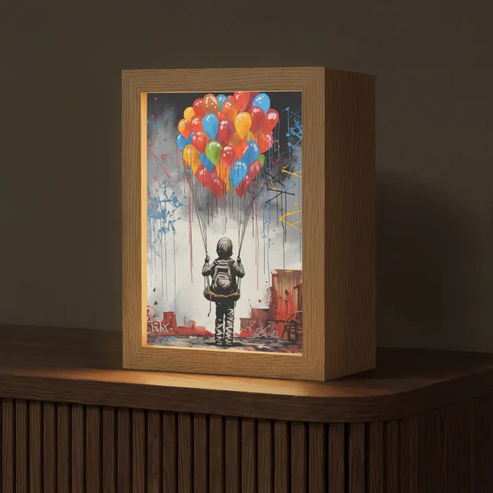 Jongen - Ballonnen - Gebouwen - Kunst Light Box met kabel (Tafellamp) klein -z3d_website