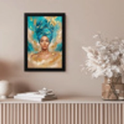 Portret - Vrouw - Schilderij - Blauw - Goud - Expressief fotolijst zwart zonder passe partout klein -sfeer5