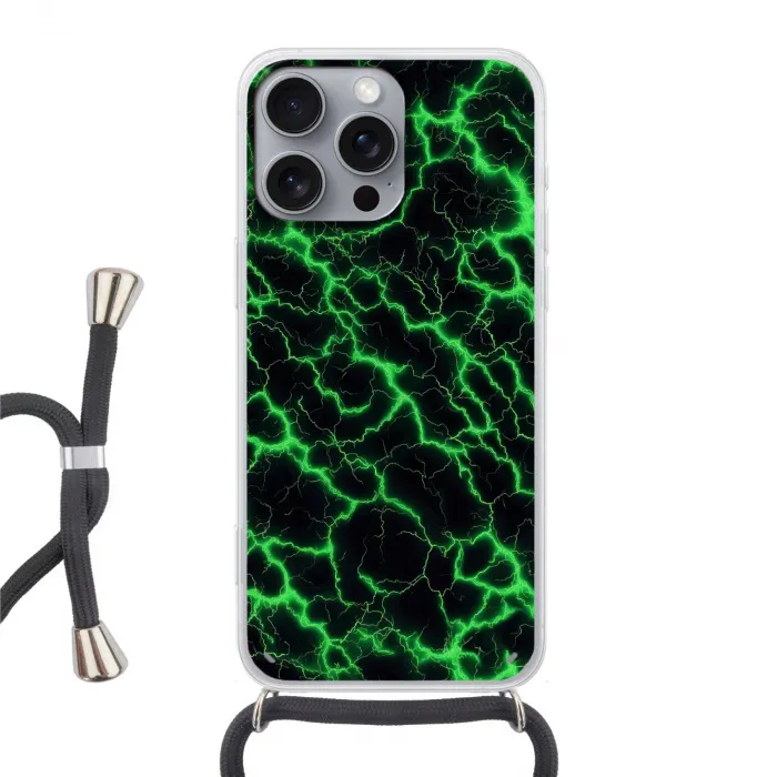 Gaming - Bliksemflitsen - Groen - Energie Hoesje iPhone 16 Pro Max met koord klein -3d