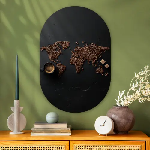 Wereldkaart - Espresso - Zwart Wandcirkel Ovaal Glas middel -sfeer2