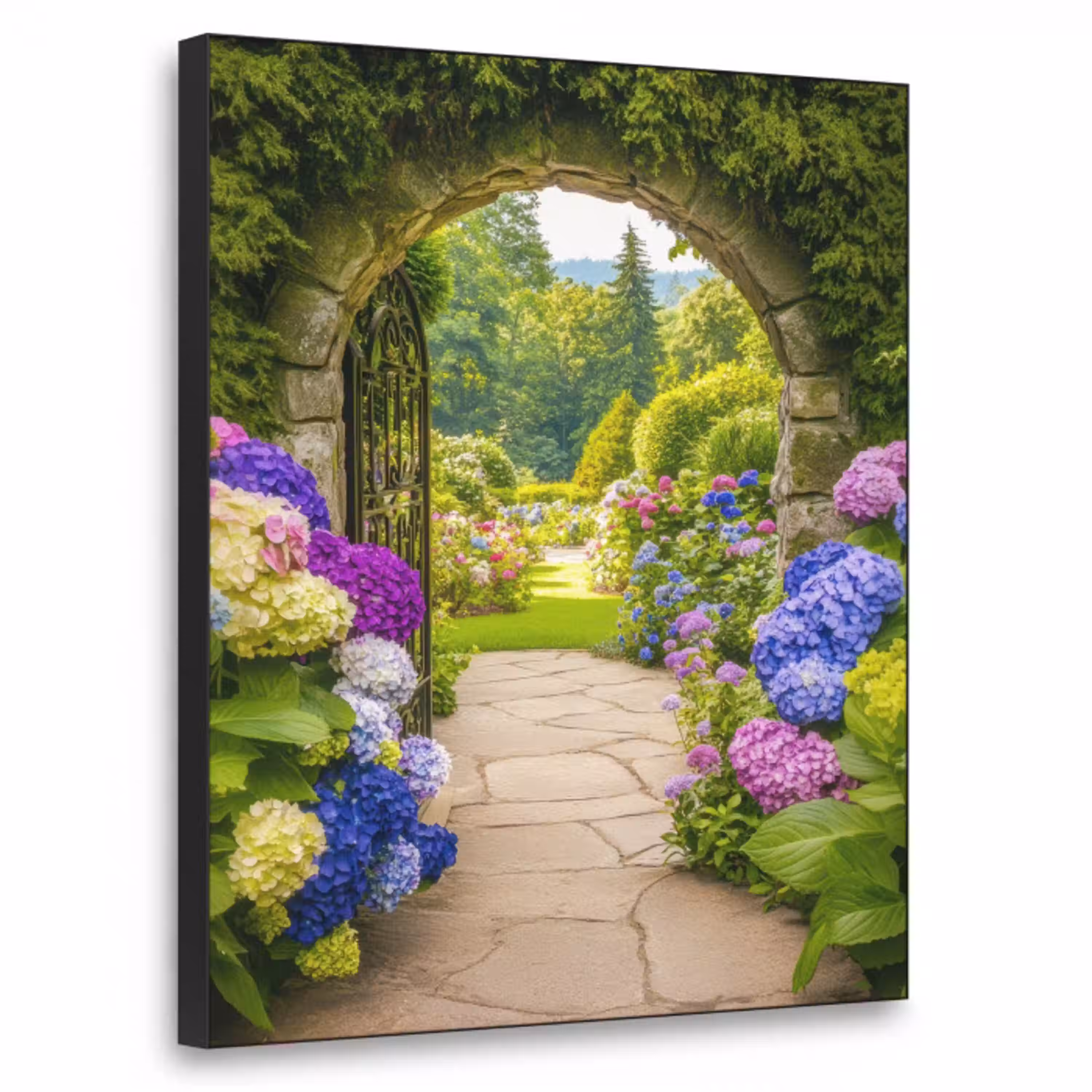 Doorkijk - Poort - Hortensia - Bloementuin Textielframe - compleet frame klein -3d