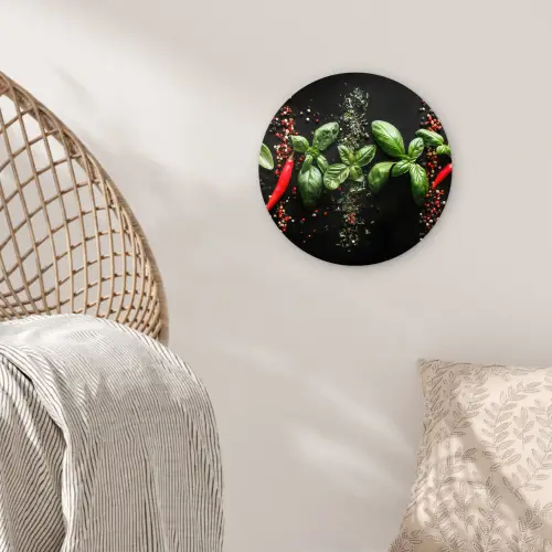 Chilipepers - Basilicum - Blaadjes - Rood Wandcirkel kunststof plaat 5mm dik klein -sfeer5