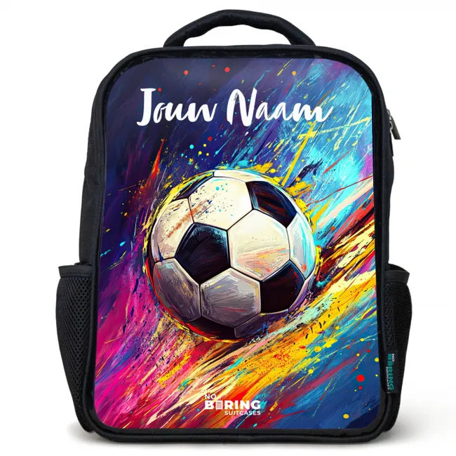 Rugzak kind met naam - Zwart - Neon - Voetbal - Kleurrijk