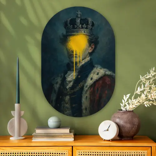 Koning - Portret - Druipende gele verf Wandcirkel Ovaal Glas middel -sfeer2