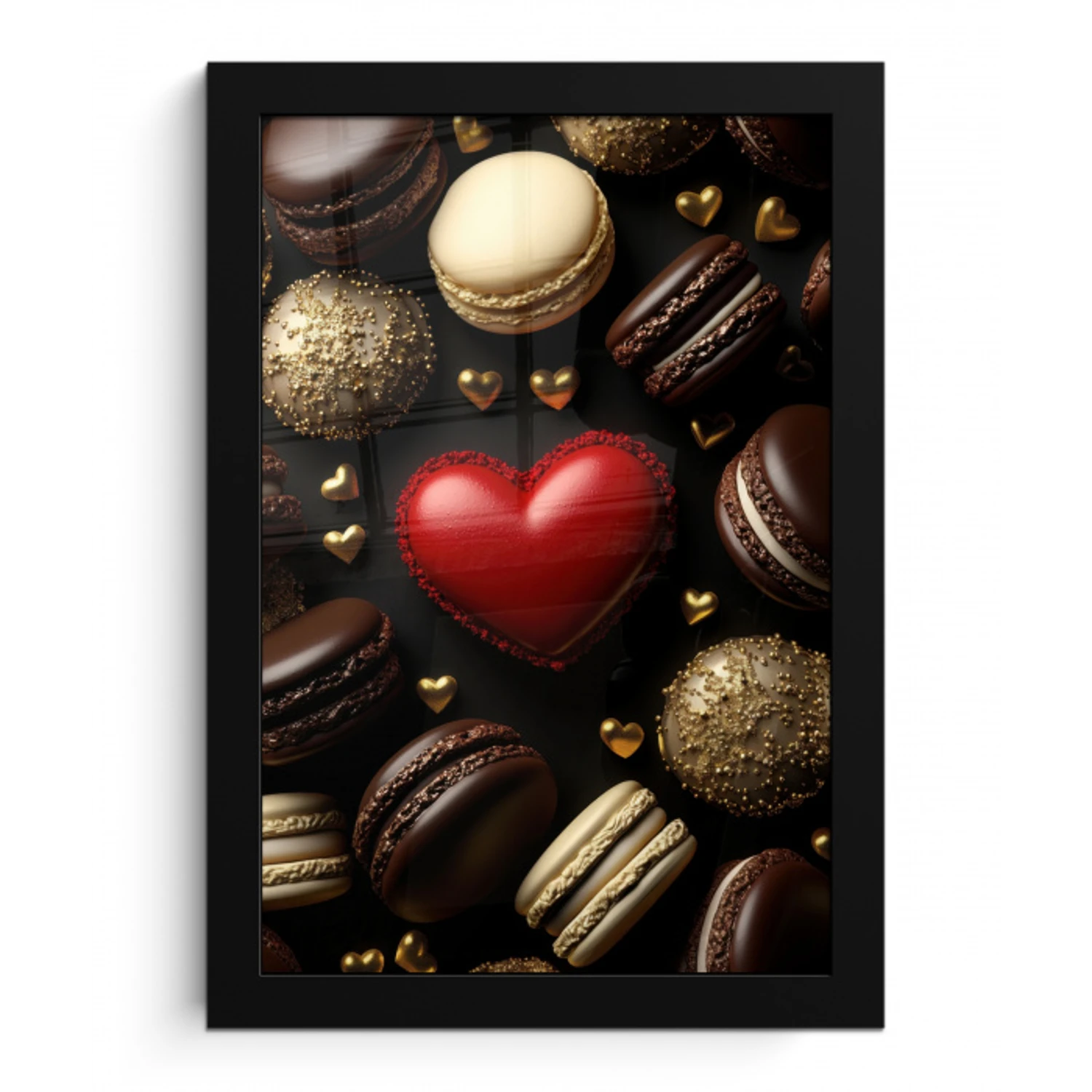 Macarons - Rood - Hart fotolijst zwart zonder passe partout klein -3d