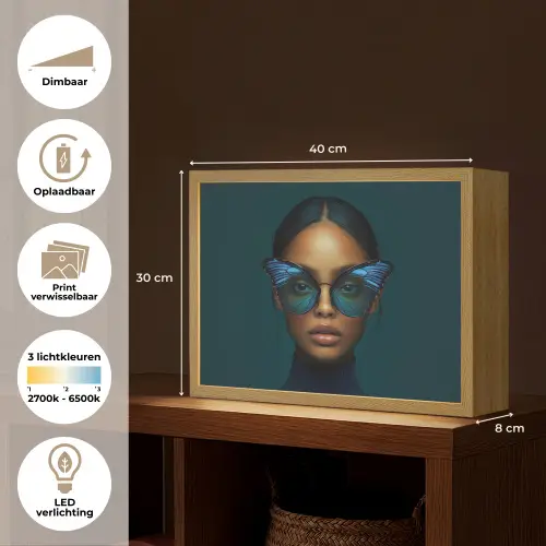 Vrouw - Vlinder - Bril - Blauw - Modern - Portret Light Box met batterij (Wandlamp) middel -USP_websiteoverzichtNL