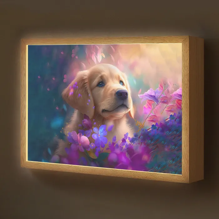 Hond - Puppy - Zon - Bloemen - Golden retriever Light Box met batterij (Wandlamp kind) middel -z3d_website