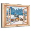 Doorkijk - Winterlandschap - Huisje - Bergen - Uitzicht Textielframe zwart klein -3d