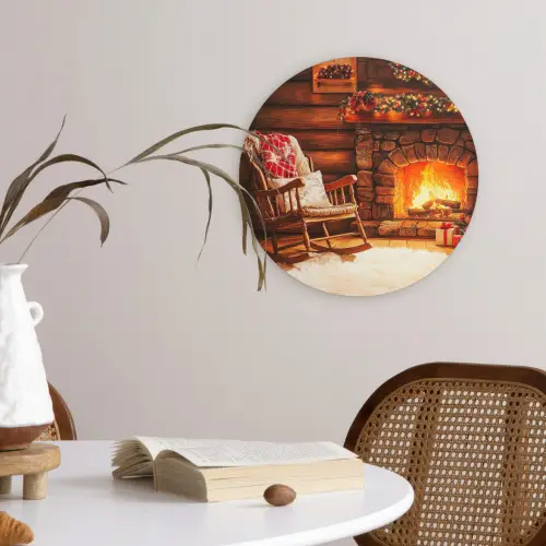 Winter - Kerst - Huis - Openhaard Wandcirkel kunststof plaat 5mm dik klein -sfeer4