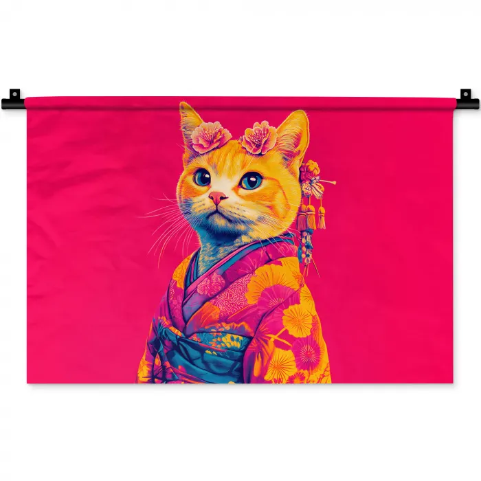 Kat - Kimono - Bloemen - Roze Wandkleed katoen klein -zz3d