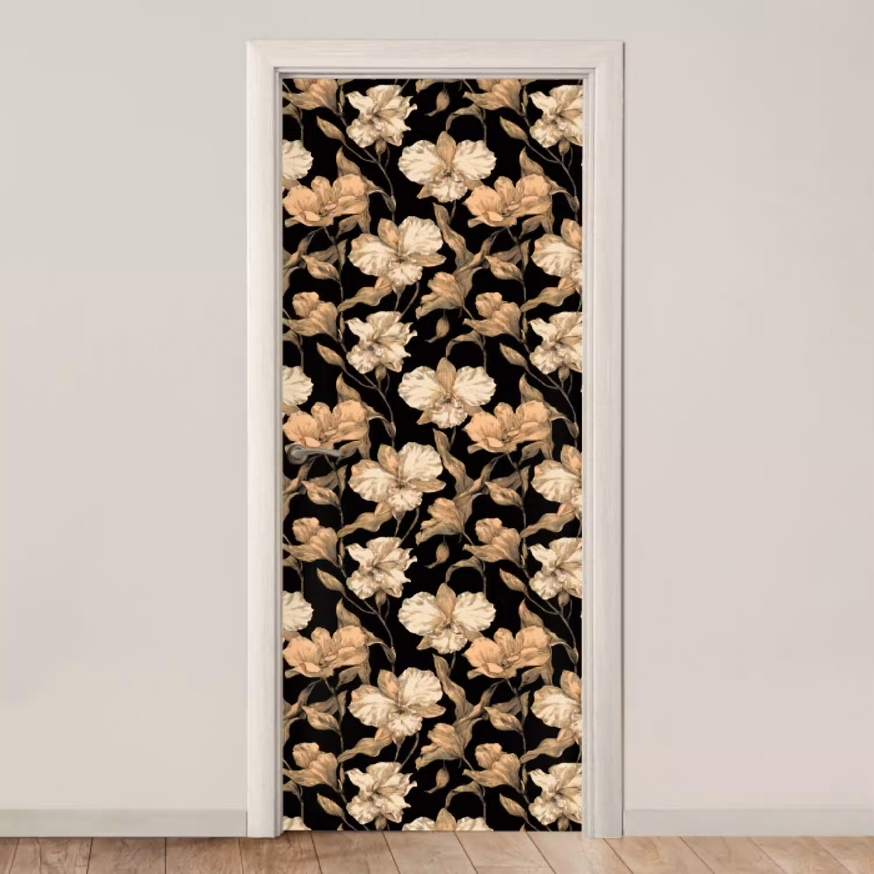 Orchideeën - Lijntekening - Patroon - Beige - Zwart deurposter klein 289 -3d_beige