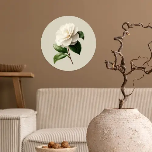Cameliabloem - Wit - Groen Wandcirkel behangsticker klein -sfeer1