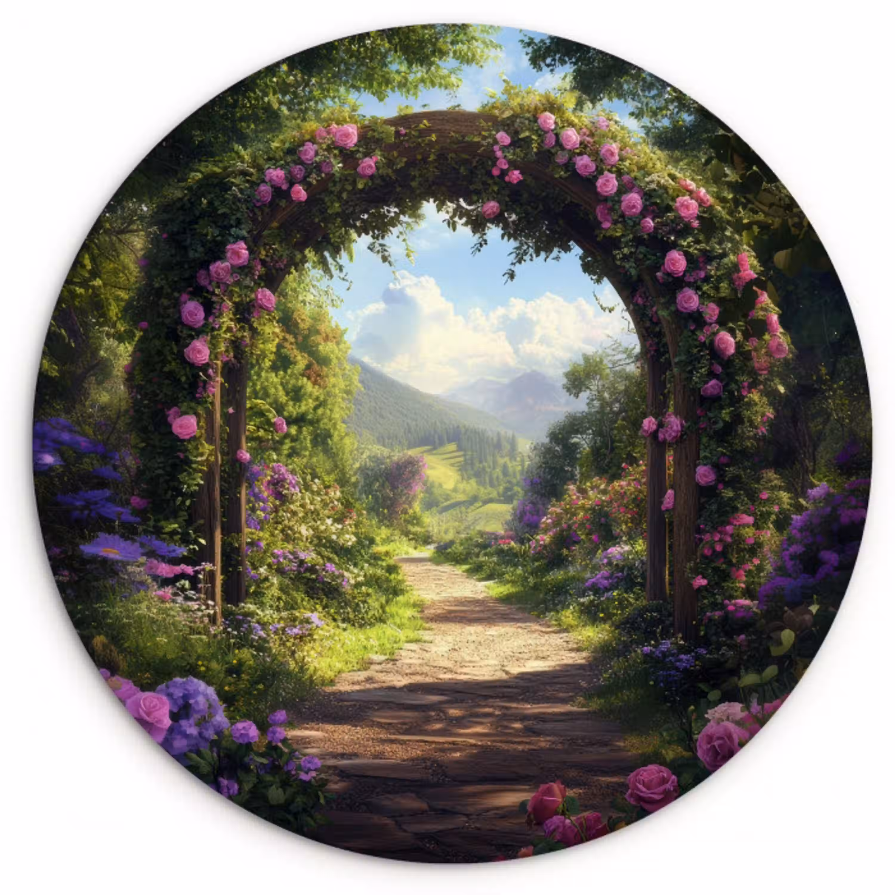 Doorkijk - Rozenboog - Uitzicht - Landschap - Bloemen Wandcirkel plexiglas klein -3d