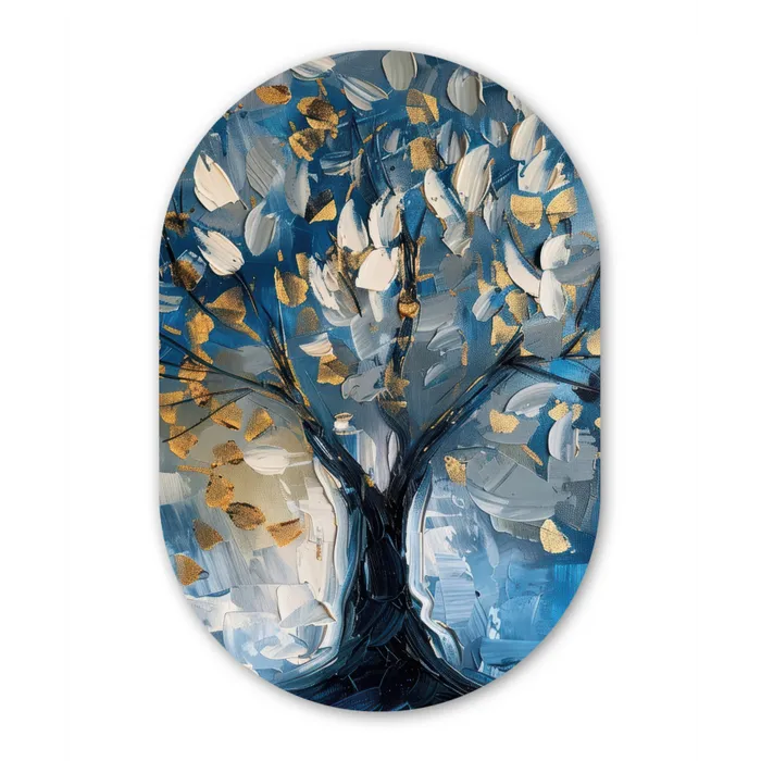 Boom - Blauw - Goud - Abstract Wandcirkel Ovaal Forex klein -3d