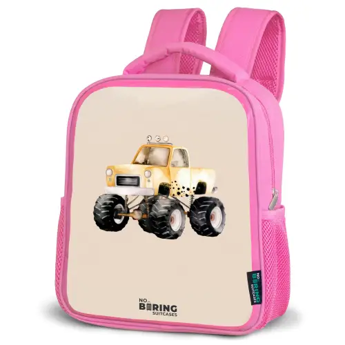 Gele monstertruck op een beige achtergrond Kinderrugzak - Roze middel -schuin