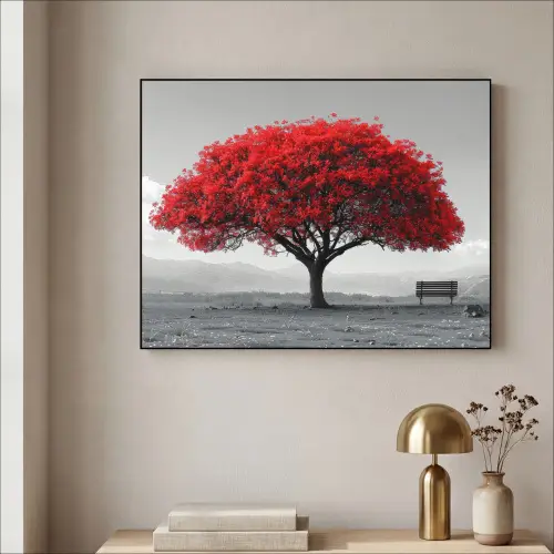 Boom - Rood - Natuur - Zwart wit Textielframe zwart klein -sfeer2