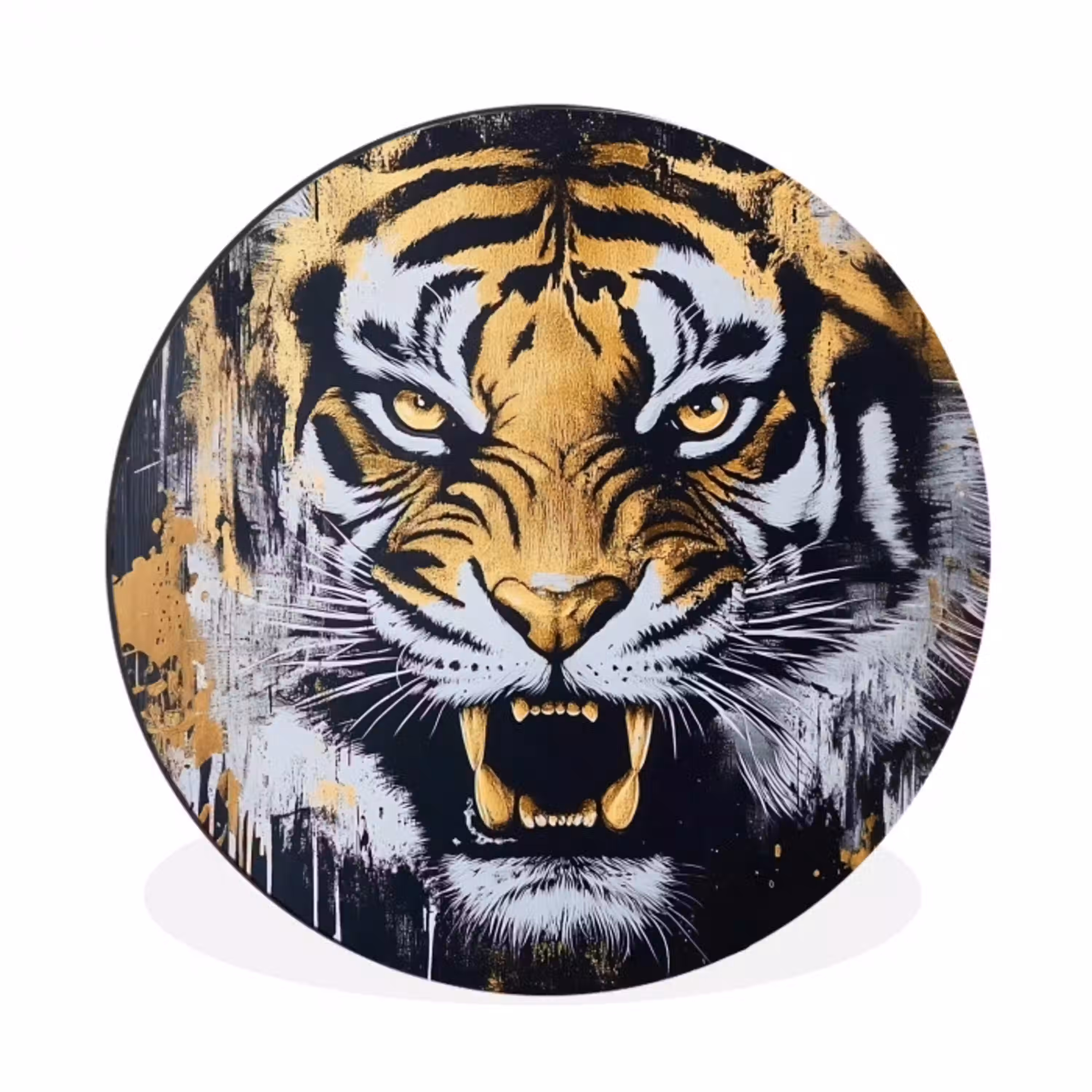 Tijger - Verfspatten - Goud Wandcirkel aluminium klein -3d