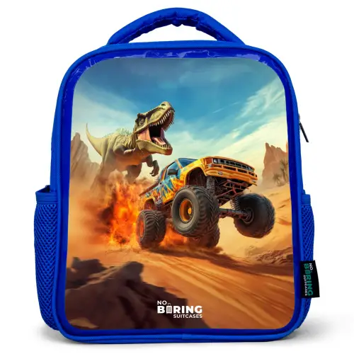 Vluchtende truck voor T-Rex in vurige woestijn Kinderrugzak - Blauw middel -3d