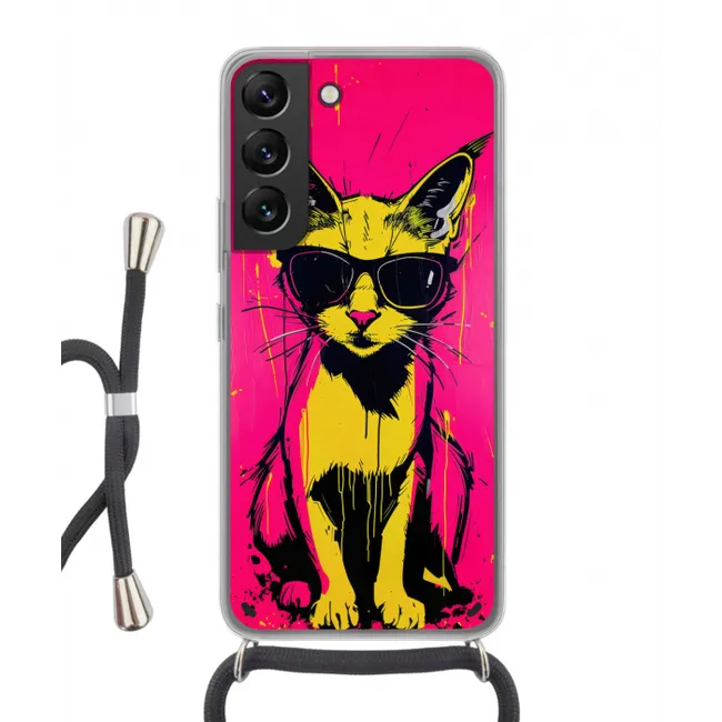 Kat - Art - Zonnebril - Roze Hoesje Samsung Galaxy S22 met koord klein -3d