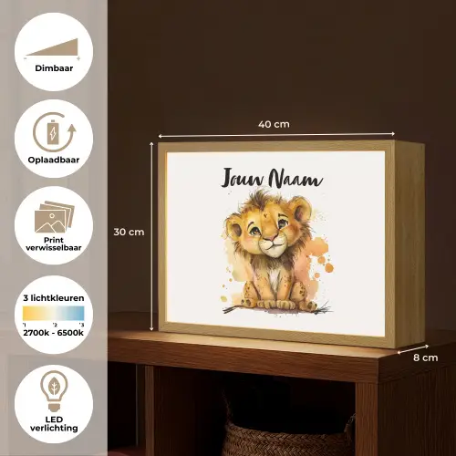 Leeuw - Waterverf - Bruin - Dieren - Meisjes - Jongens Light Box met batterij (Wandlamp kind) middel -USP_websiteoverzichtNL