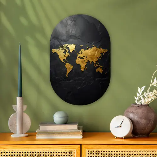 Wereldkaart - Goud - Steen Wandcirkel Ovaal Forex klein -sfeer2