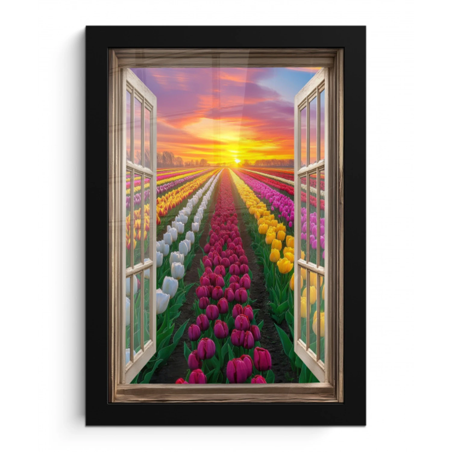 Doorkijk - Bloemen - Tulpen - Kleurrijk - Zonsondergang fotolijst zwart zonder passe partout klein -3d
